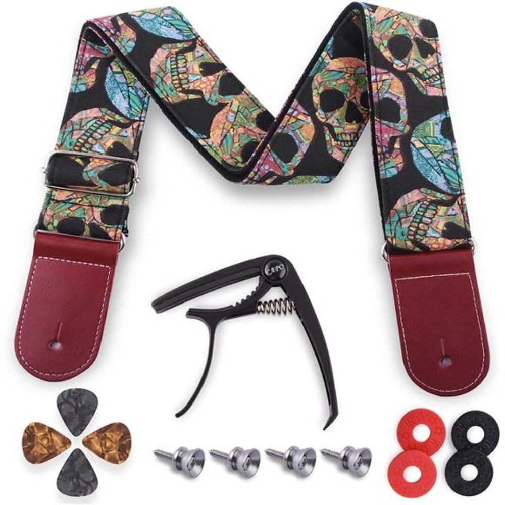 Guitar Strap Printed Cotton with Leather End Straps Set, Big Skull